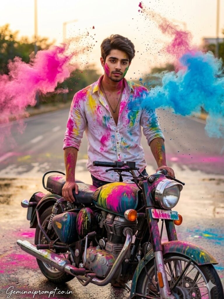 Bike with Holi color burst created with Holi bike & car AI photo editing prompts - dramatic festival vehicle portrait