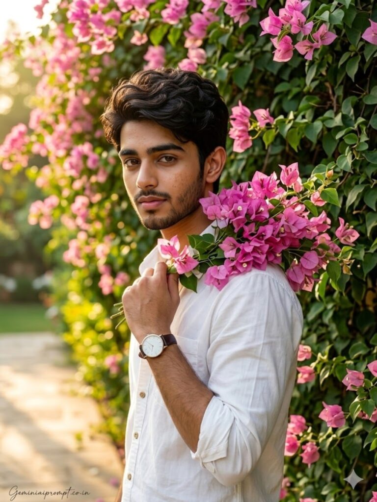 Bougainvillea Portrait Prompts for Men Bouquet Over Shoulder – Casual Cool