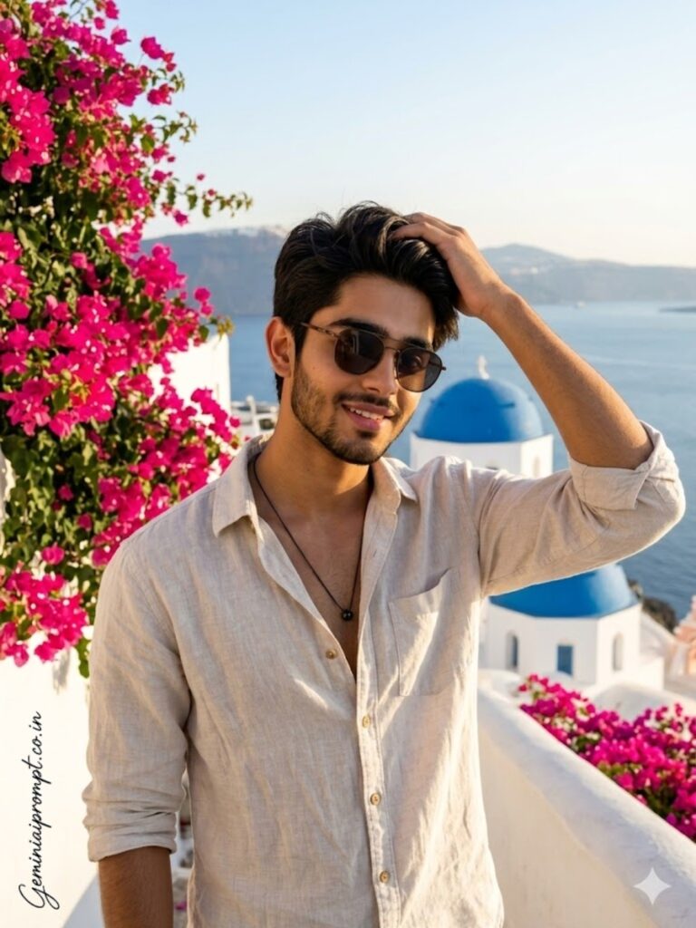 Prompt 1: Santorini Bougainvillea Balcony Portrait
