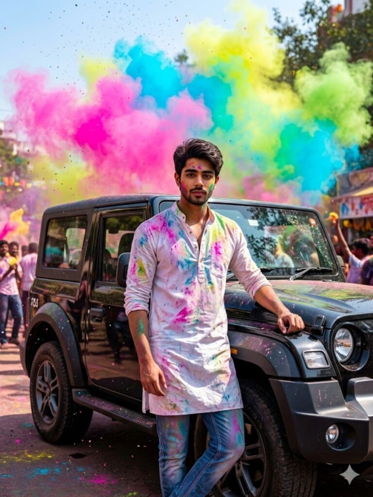 Ultra realistic Holi festival portrait with black Mahindra Thar car and man standing beside it during Holi powder celebration cinematic photoshoot