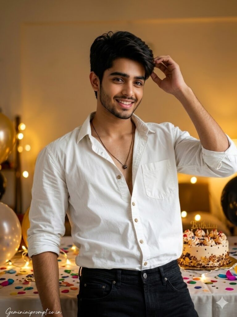 Birthday Gemini Prompts for Men - Handsome man in white shirt and black jeans standing beside birthday cake with balloons and fairy lights created with birthday Gemini prompts for men