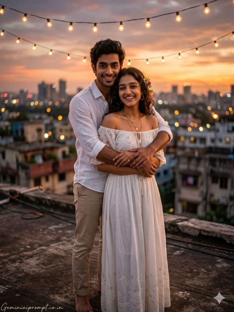 Romantic Couple Pre-Wedding Prompts. Romantic couple pre-wedding rooftop sunset photo created with Google Gemini AI prompt - golden hour lighting with fairy lights and city skyline background, ultra-realistic 8K cinematic photography