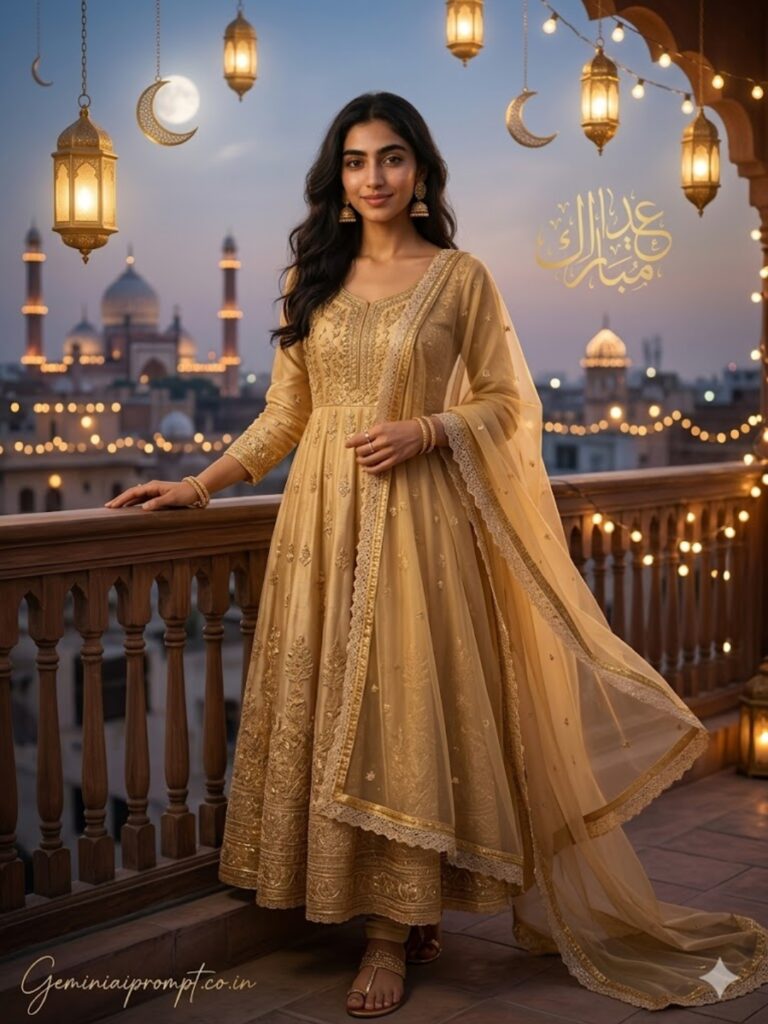 Eid Mubarak Gemini AI Photo Prompts for Girls Golden Anarkali