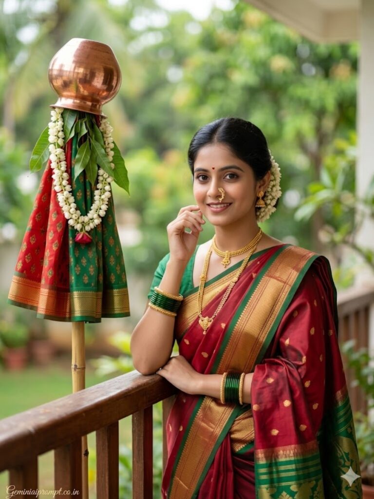 Gemini Prompts for Gudi Padwa Girls in Saree Red Paithani 