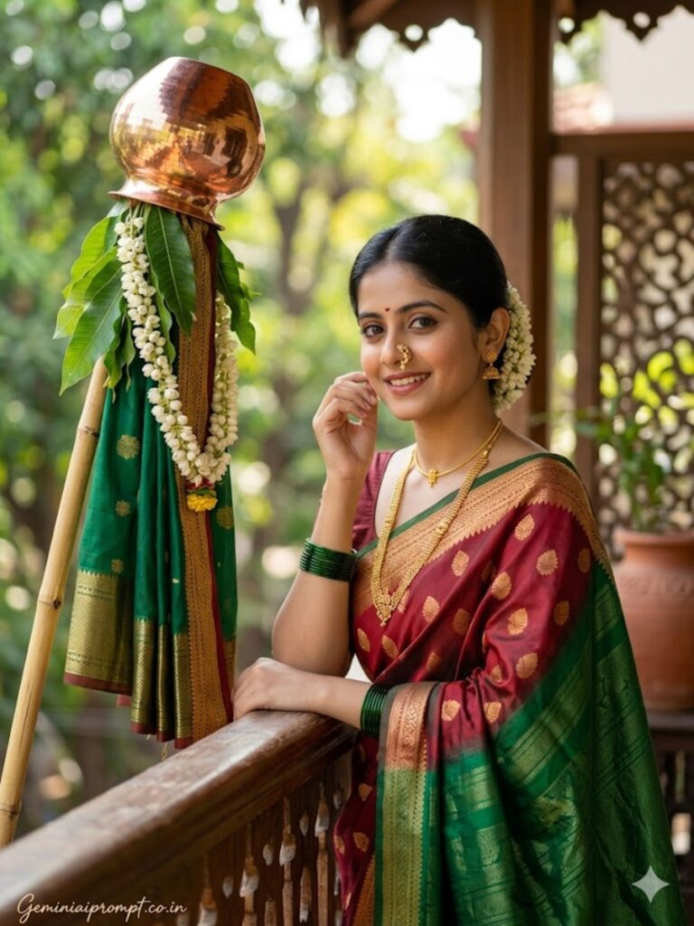 Prompt 1: Gemini AI Prompts for Gudi Padwa Girls in Traditional Maharashtrian Saree Red & Green Paithani Classic Portrait