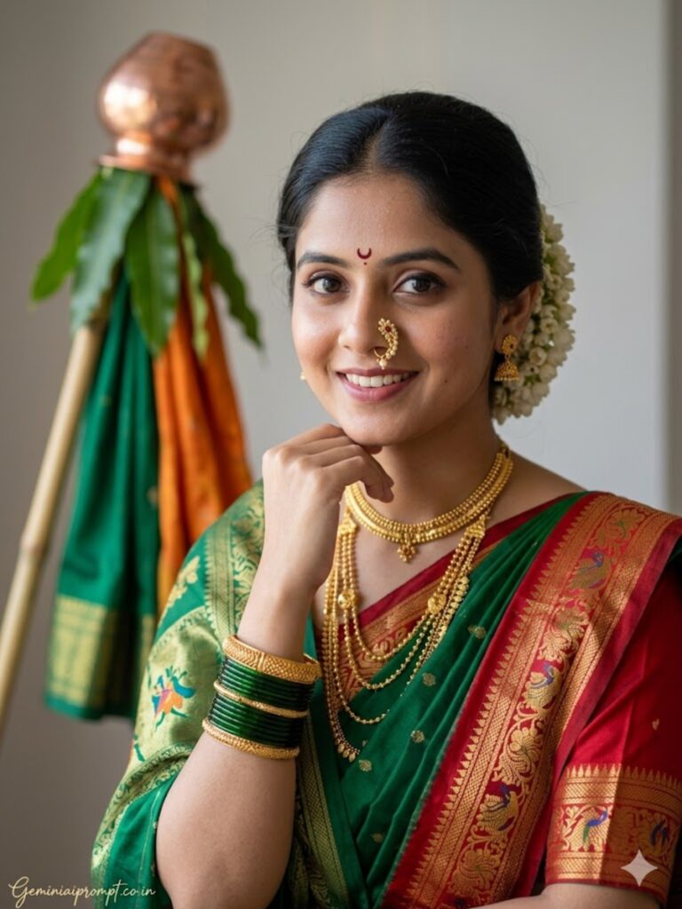 Close-Up Gudi Padwa Portrait Prompts For Girl Classic Maharashtrian Portrait