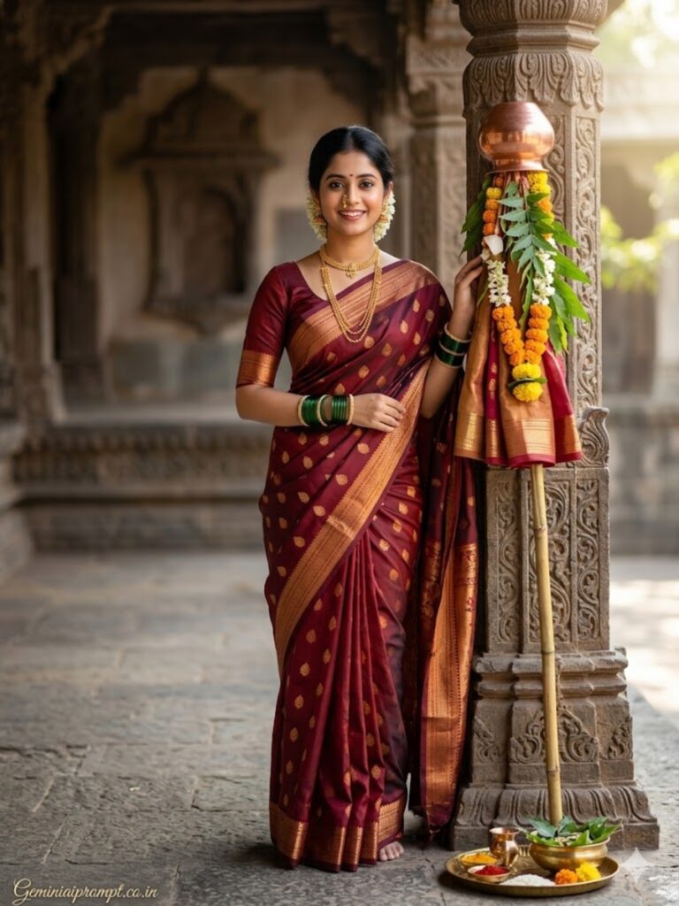 Gemini AI Prompts For Gudi Padwa Girls Temple Red Paithani