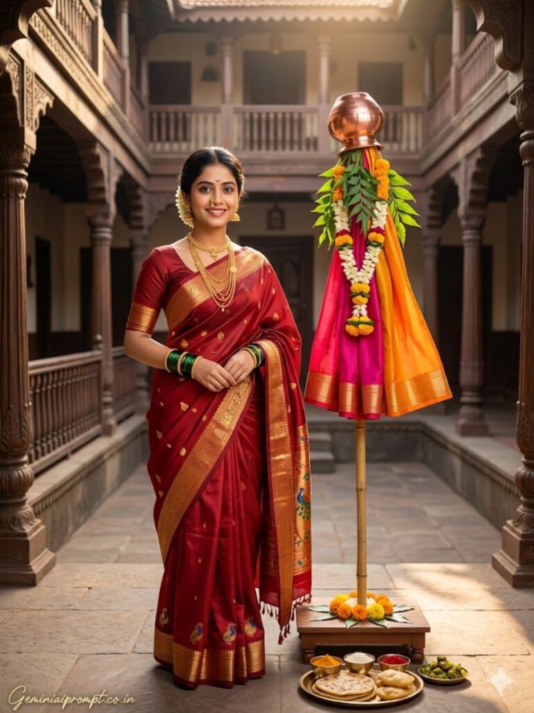 Gemini AI Prompts For Gudi Padwa Wada Photoshoot Red Paithani 