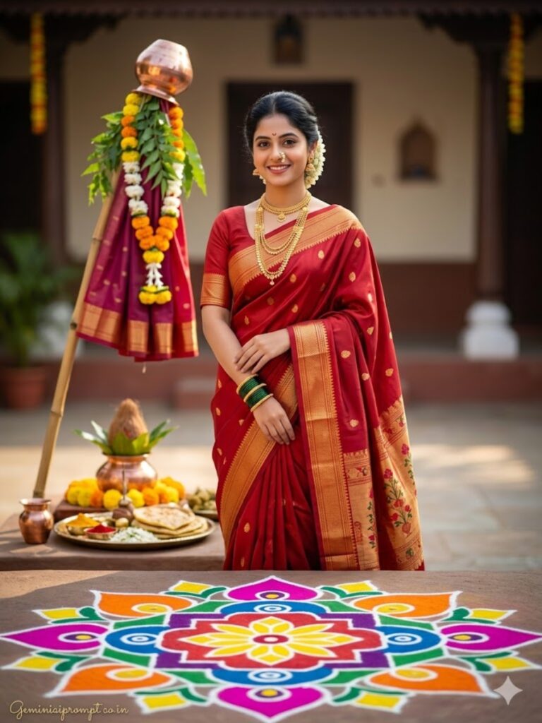 Gemini AI Prompts For Gudi Padwa Girls Rangoli Photoshoot Red Paithani Rangoli Portrait