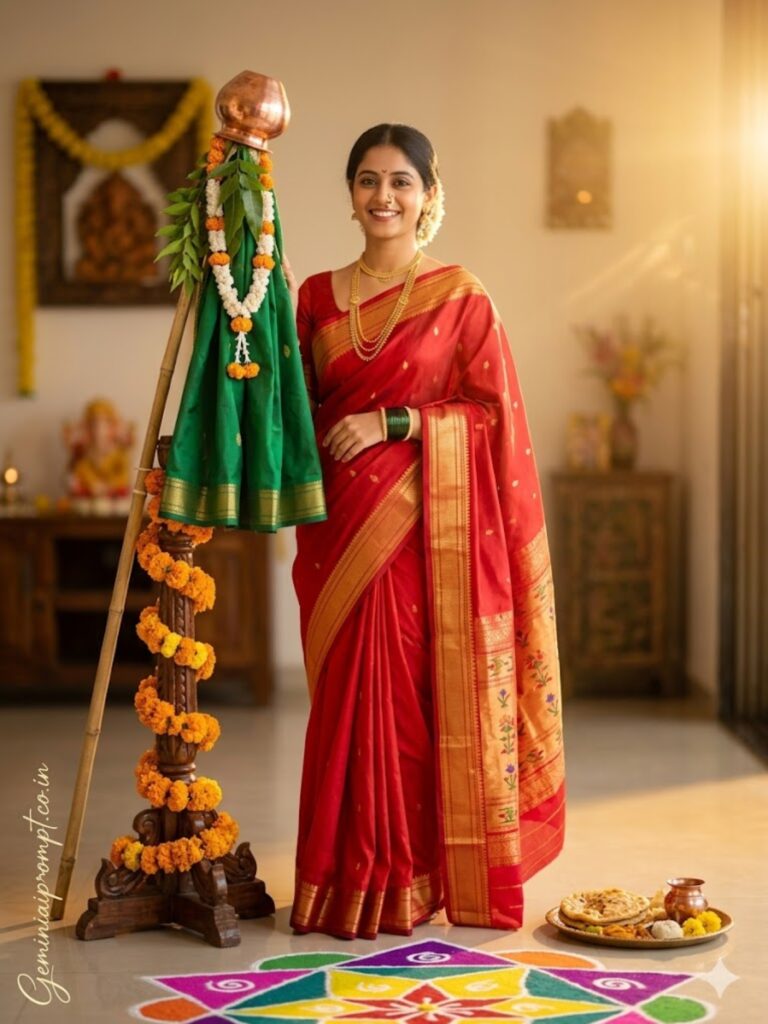 Gemini AI Prompts For Gudi Padwa Girls Morning Portraits Red Paithani Sunrise Rangoli Portrait