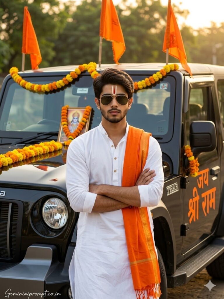 Jai Shree Ram Car AI Photo Editing Prompts Mahindra Thar Power Pose