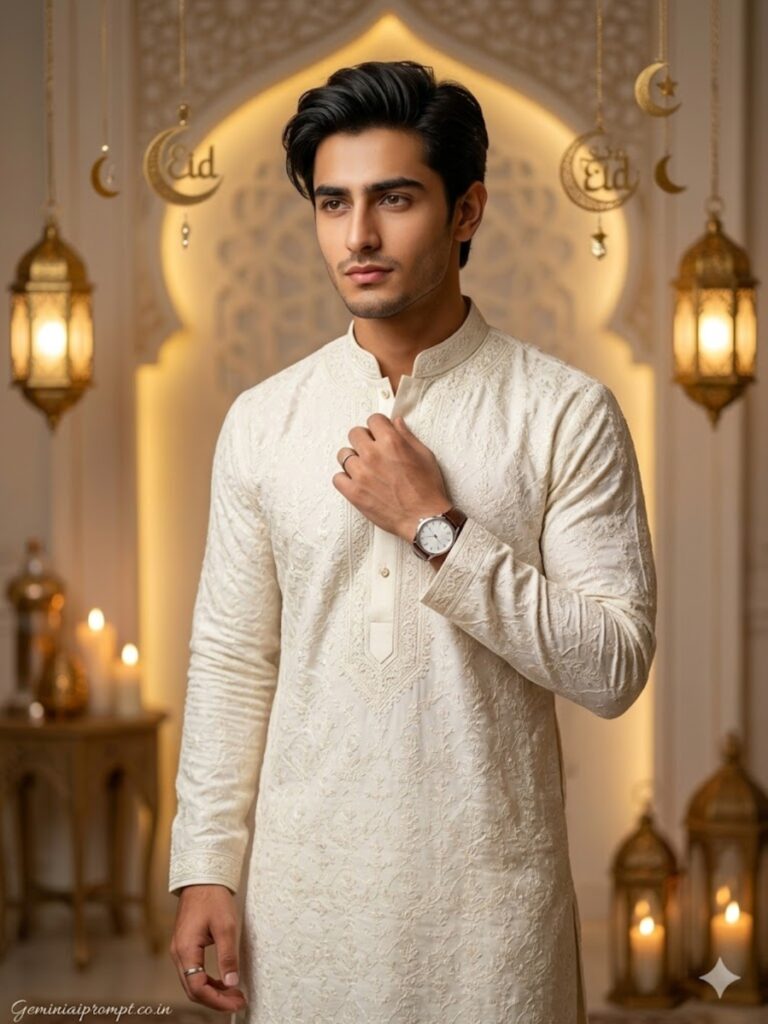 Prompt 1: Eid Mubarak Gemini AI Prompts For Men - Ivory White Kurta 