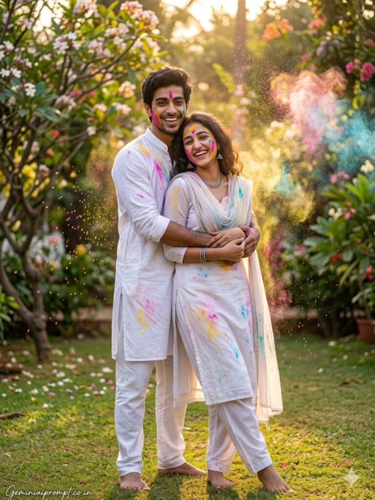 Prompt 1: Couple Holi Prompt Gemini Garden Gulal Play