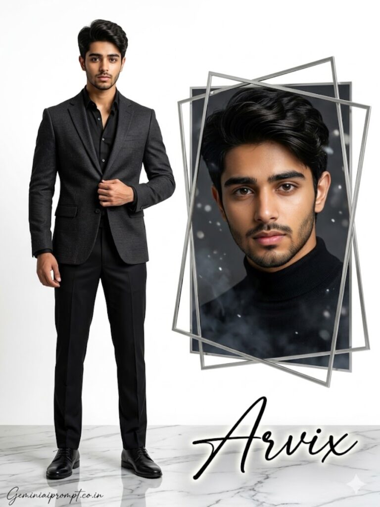 Ultra realistic luxury fashion editorial portrait collage of a confident man in black blazer and sweater with signature text Arvix and Geminiaiprompt.co.in watermark