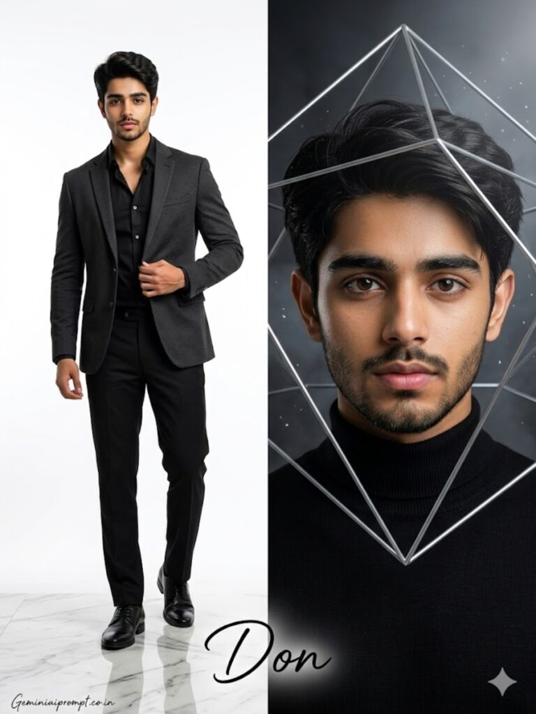 Ultra realistic luxury fashion editorial portrait collage of man wearing dark charcoal blazer and black sweater on white studio background