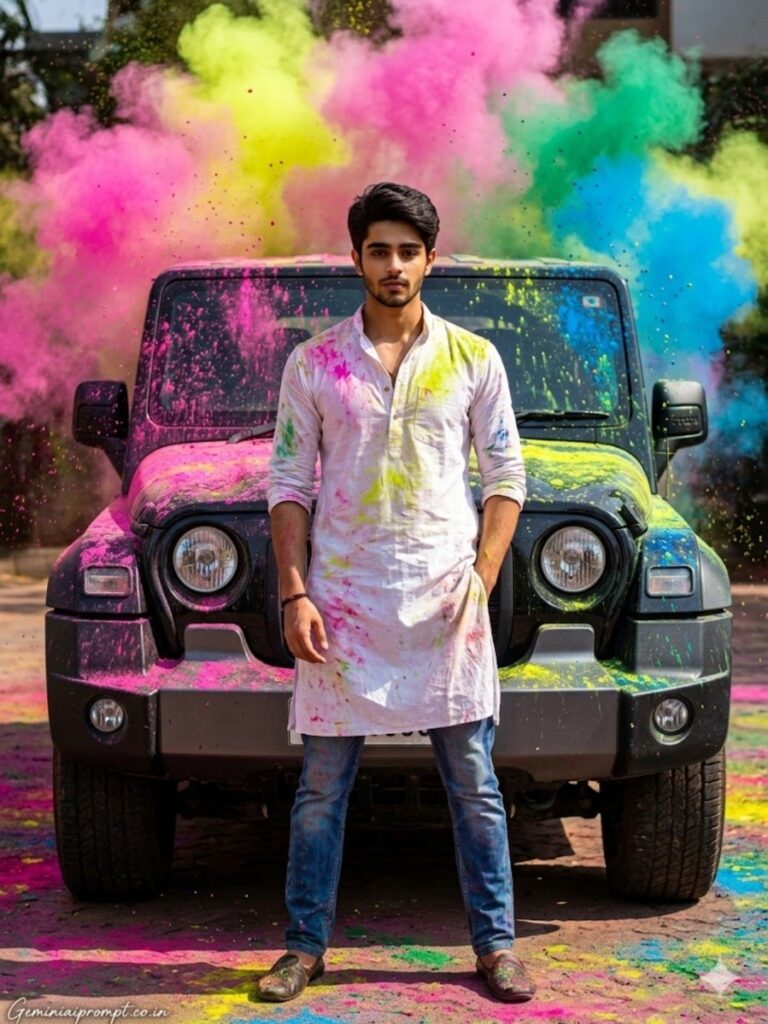 Mahindra Thar with Holi colors and heroic pose created with Holi bike & car AI photo editing prompts - rugged SUV festival portrait