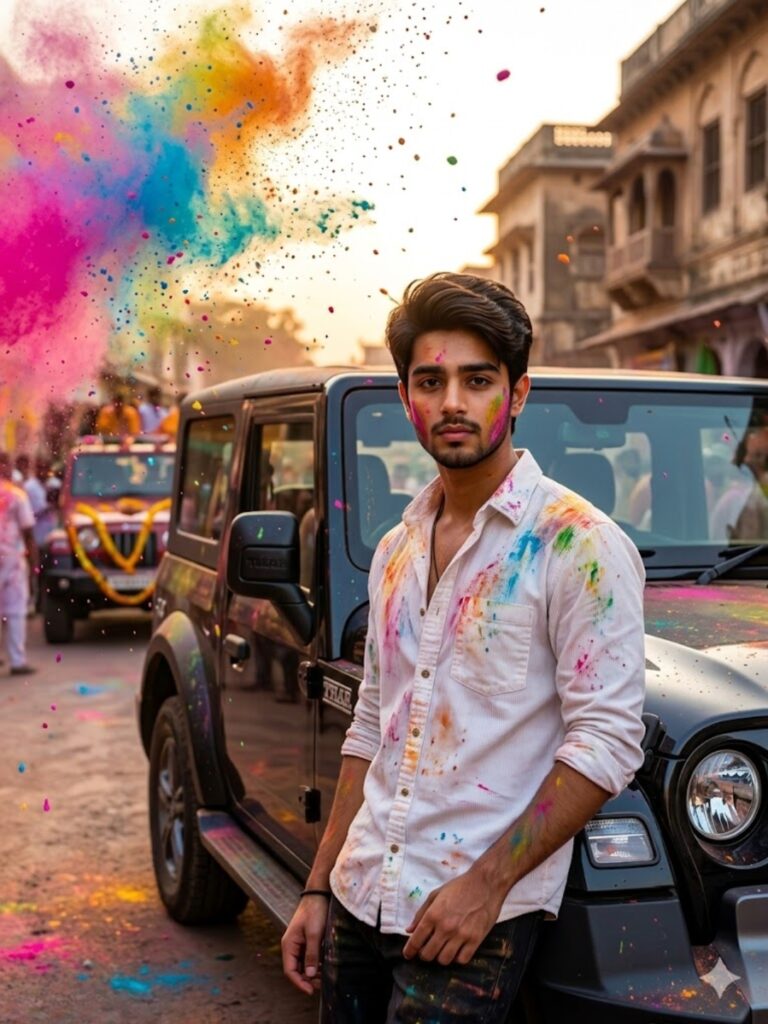 Holi festival car portrait with powder explosion colors and man standing beside vehicle during golden hour sunset lighting