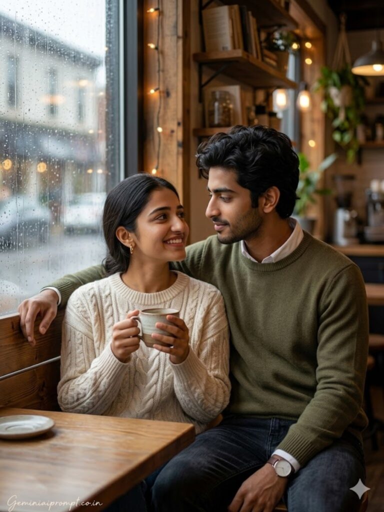 Cozy coffee shop romantic couple pre-wedding photo created with Google Gemini AI - candid lifestyle photography with warm window lighting, rustic wooden interior, ultra-realistic 8K
