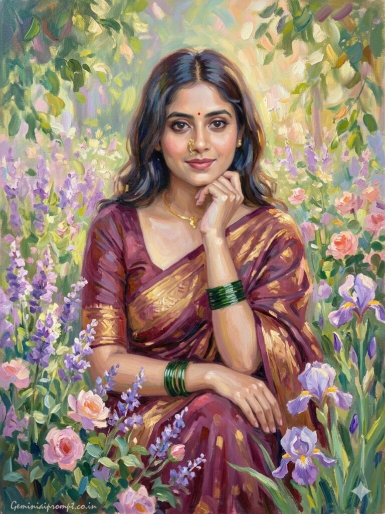 Impressionist garden oil painting created with Oil Painting Prompts for Gemini AI - Monet style with dappled sunlight, loose visible brushstrokes, vibrant pastel colors and dreamy atmospheric quality