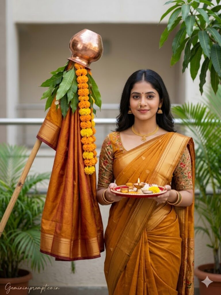 Saffron Mustard Saree with Pooja Thali
