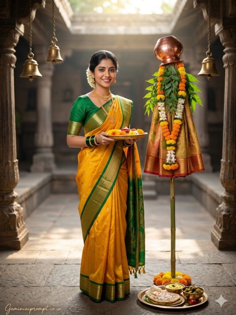 Yellow Saree Pooja Thali Portrait
