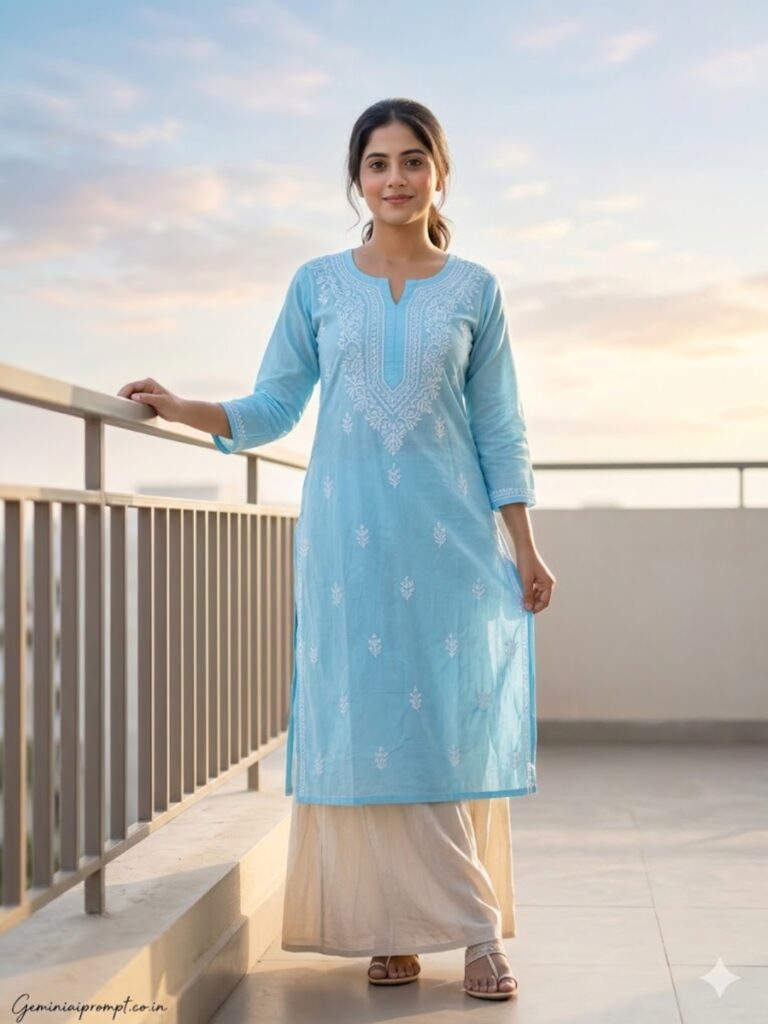 Gemini AI Prompts for Indian Girls Kurtis Sunset Terrace Railing