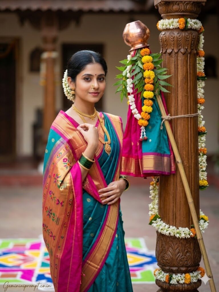 Prompt 2: Teal-Pink Adjusting Pallu Portrait
