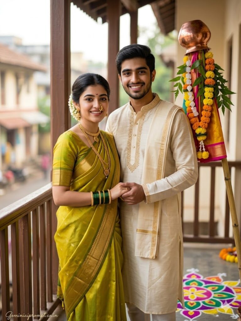 Prompt 2: Gemini AI Prompts For Gudi Padwa Couple Balcony Portrait
