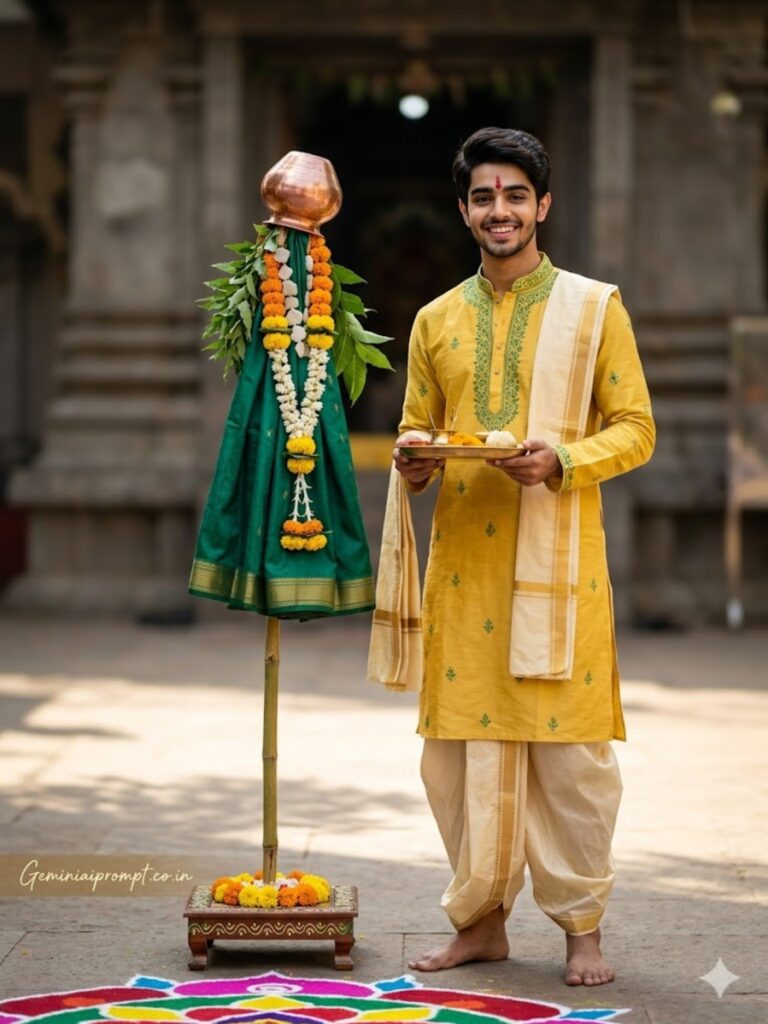 Prompt 2: Gemini AI Prompts For Boys In Gudi Padwa Yellow Kurta Temple Courtyard Portrait