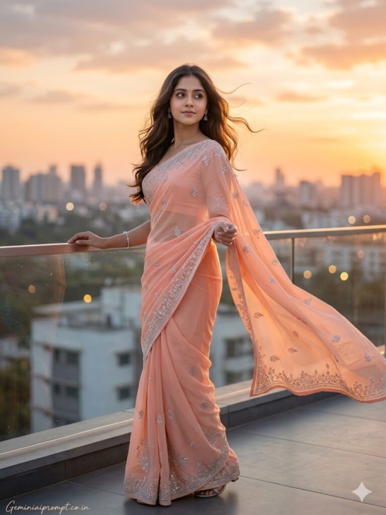 Prompt For Gemini AI Girl In Saree Sunset Terrace Elegance