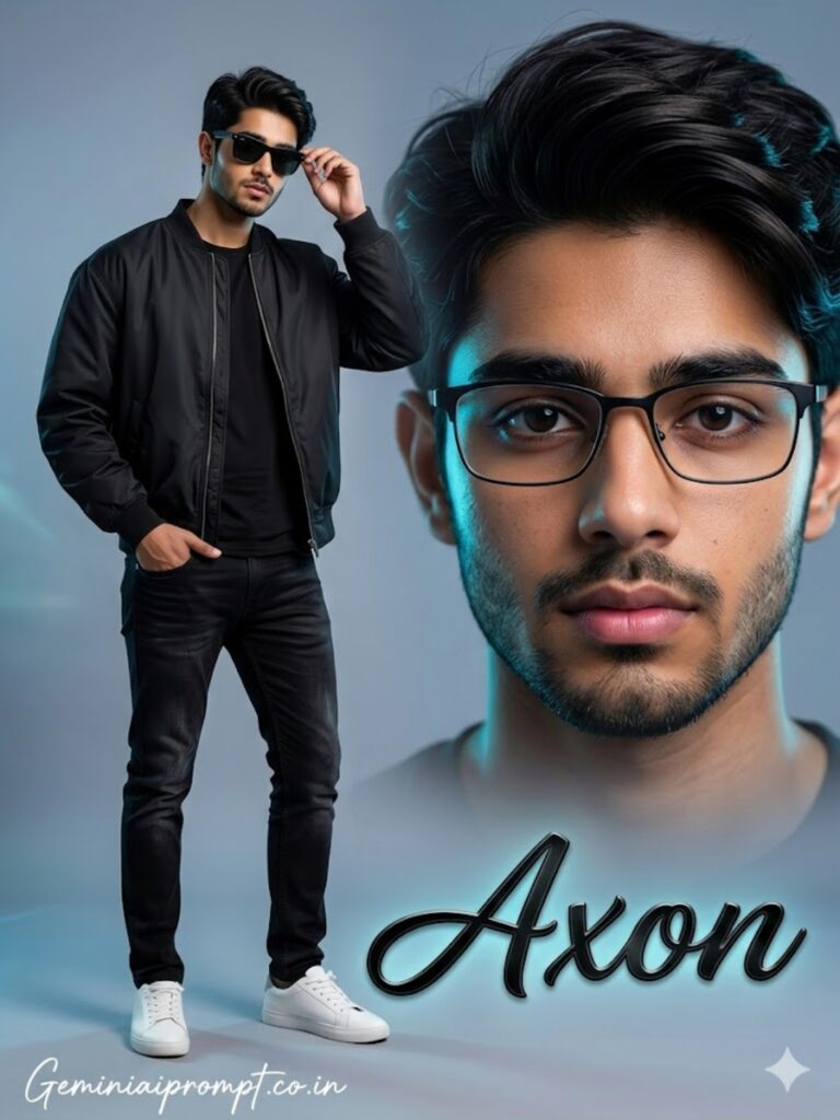 Ultra realistic AI influencer male portrait collage with black bomber jacket street fashion and futuristic neon lighting