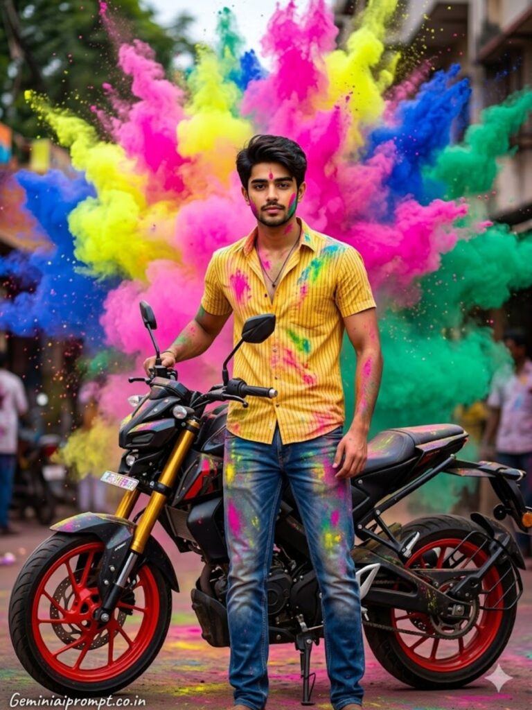 Holi festival bike portrait with black motorcycle, red alloy wheels and man standing confidently in street festival background