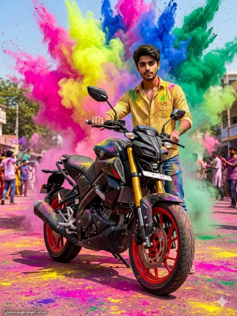 Black street bike with red alloys covered in Holi colors created with Holi bike & car AI photo editing prompts - sporty festival portrait
