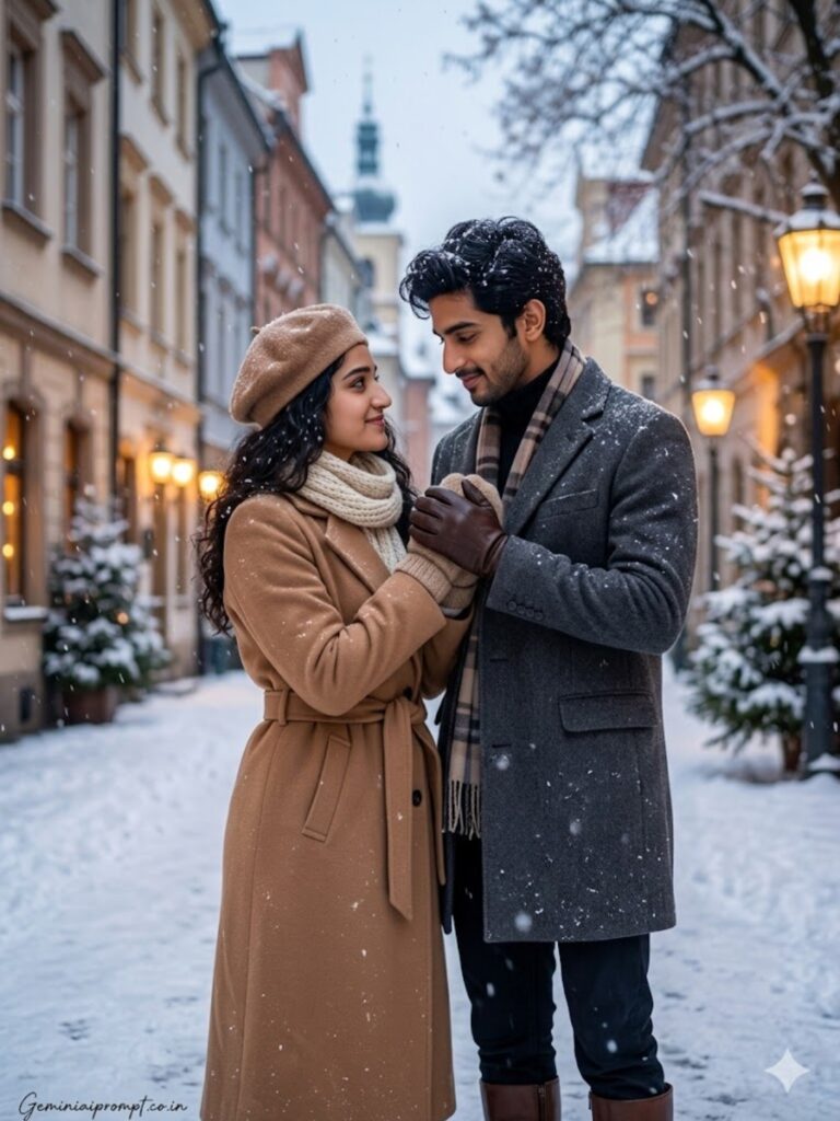 Magical snowy evening romantic couple pre-wedding photo created with Google Gemini AI - winter wonderland setting with snowfall, European street, warm street lamps, ultra-realistic 8K