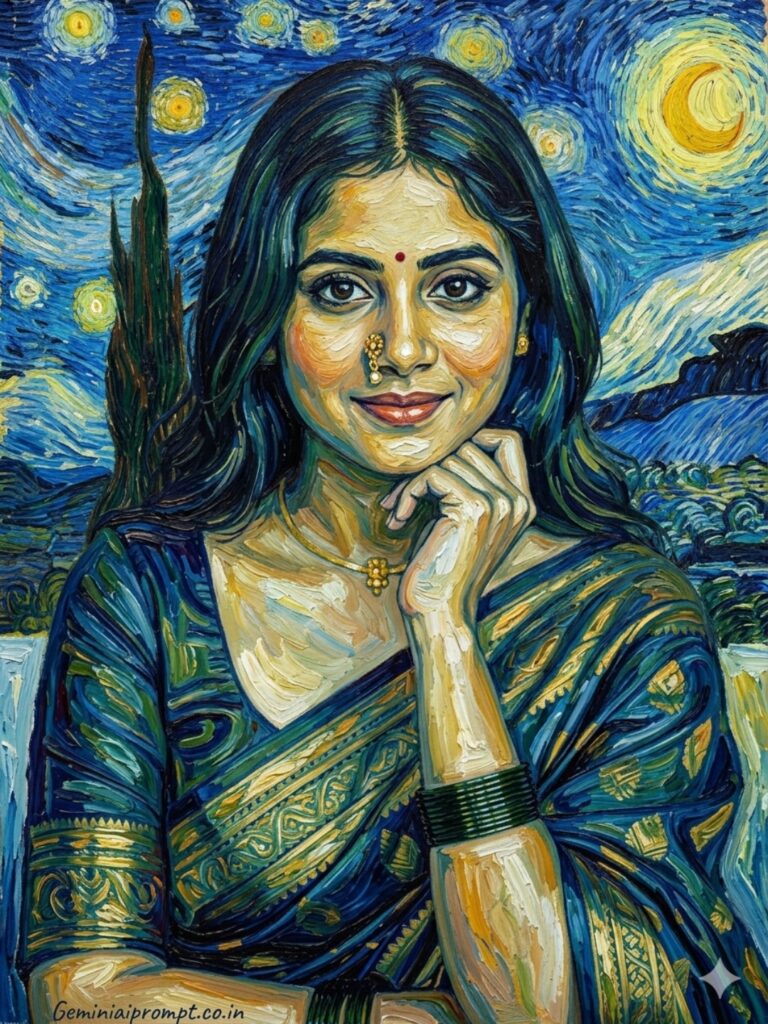 Van Gogh Starry Night style oil painting created with Oil Painting Prompts for Gemini AI - swirling brushstrokes, thick impasto technique, vibrant blues and yellows with dramatic expressive sky