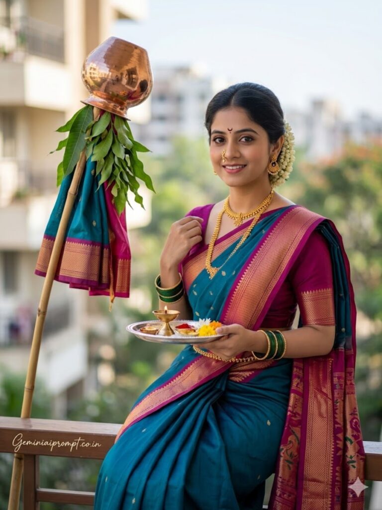 Teal Paithani Balcony Photoshoot