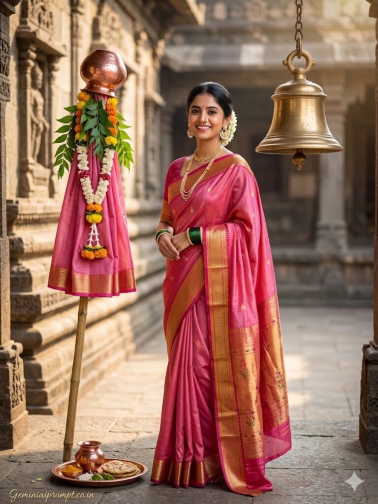 Pink Saree Temple Bell Portrait