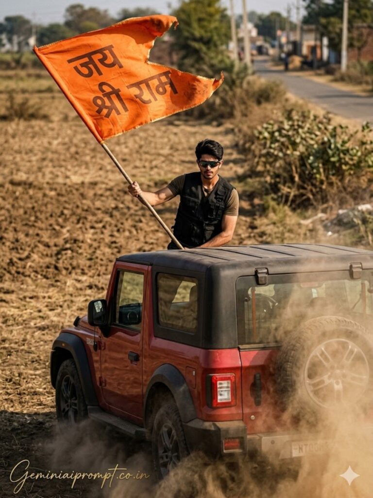 Prompt 3: Jai Shree Ram Thar AI Photo Editing Prompts Dusty Action 
