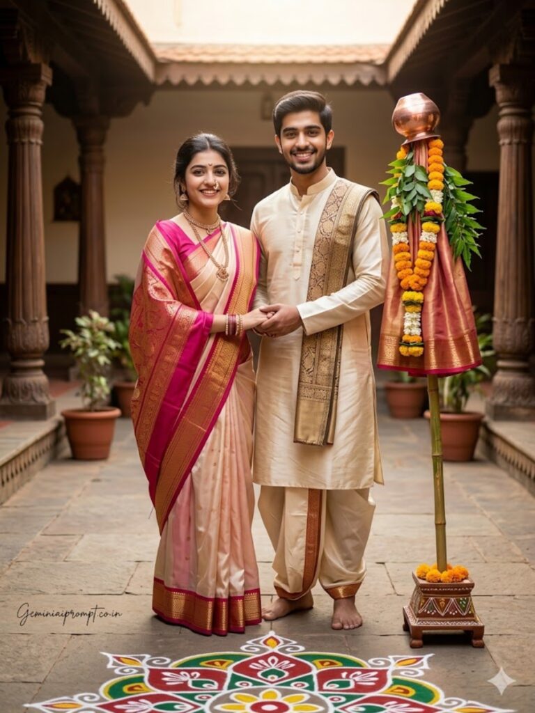 Prompt 3: Gemini AI Prompts For Gudi Padwa Couple Courtyard Couple Portrait 