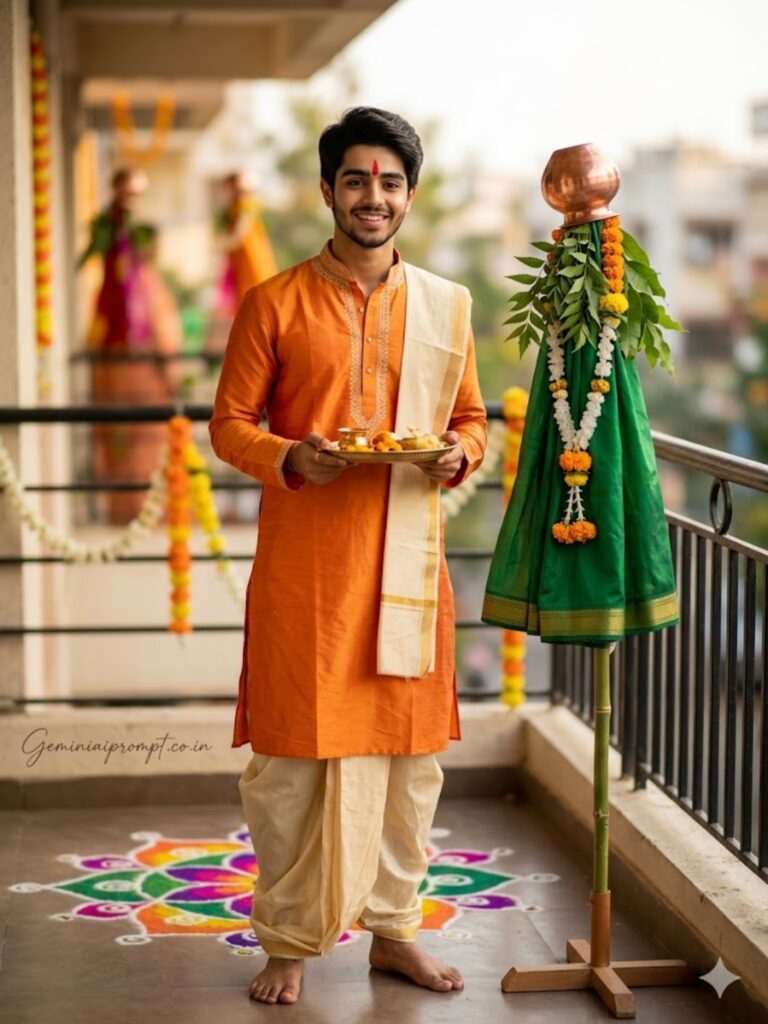 Prompt 3: Gemini AI Prompts For Boys In Gudi Padwa Orange Kurta Balcony Portrait