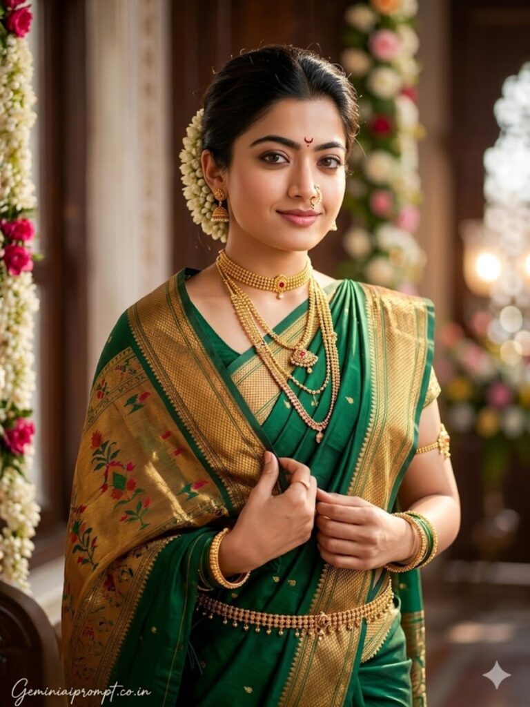 Prompt 3: Deep green and Gold Paithani saree