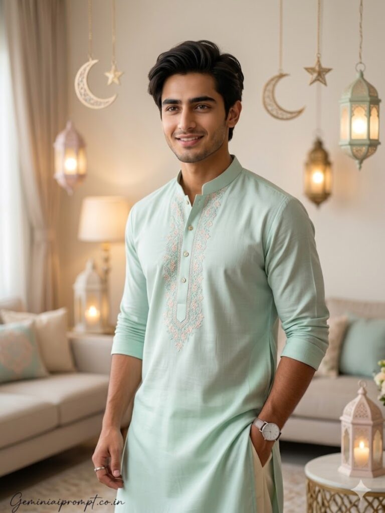 Prompt 3: Eid Mubarak Gemini AI Prompts For Men With Pastel Eid Outfit Portrait