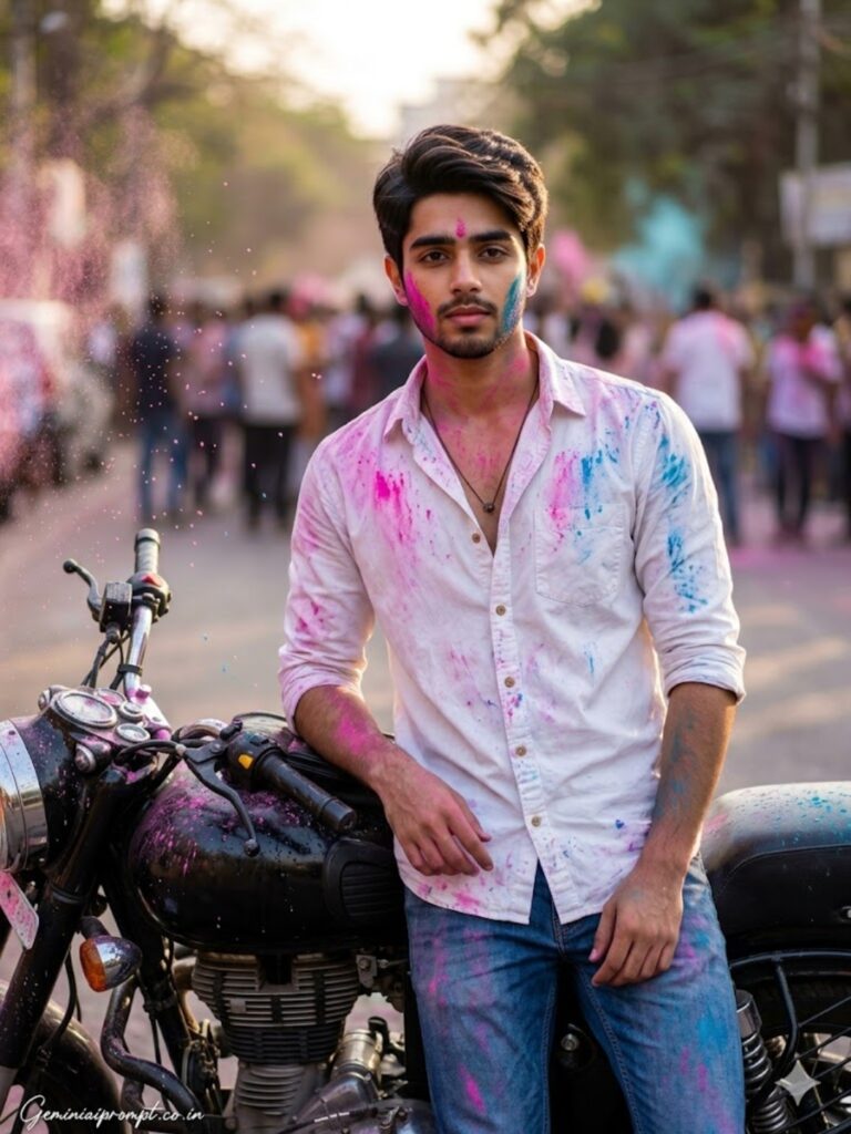 Real DSLR Holi festival street photoshoot with vehicle and man standing beside car during golden hour lighting