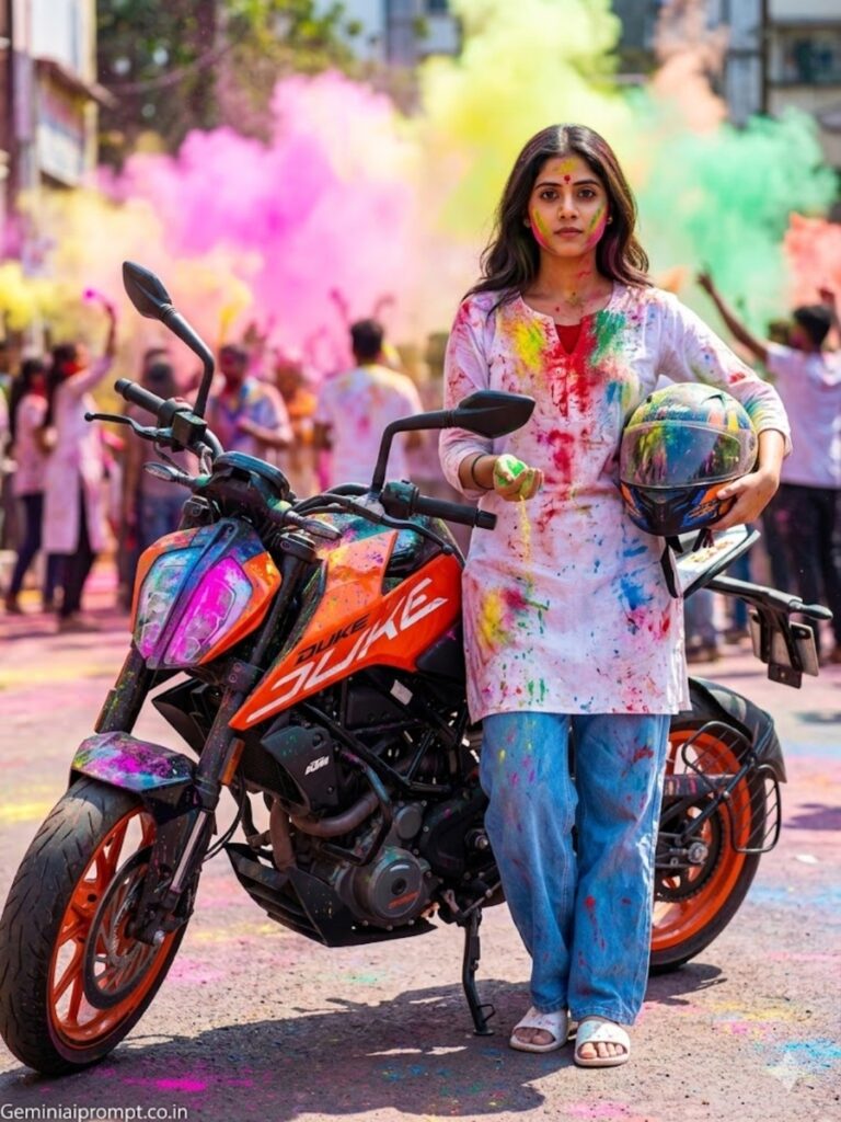 Orange KTM Duke with girl rider covered in Holi colors created with Holi bike & car AI photo editing prompts - bold feminine festival portrait