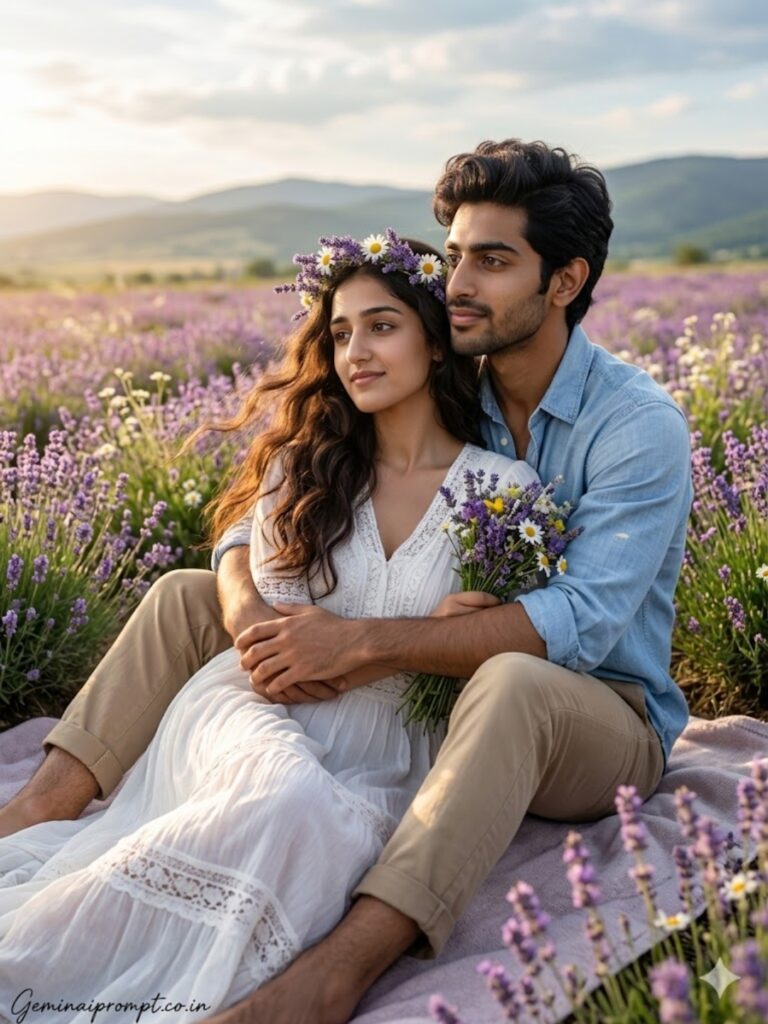 Dreamy flower field romantic couple pre-wedding photo created with Google Gemini AI - lavender field with wildflowers, golden sunlight, rolling hills, ultra-realistic 8K photography