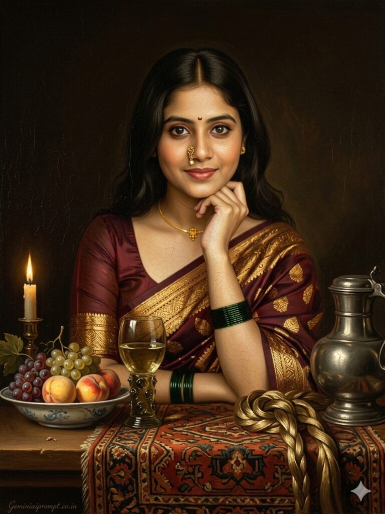 Dutch Golden Age oil painting with figures created with Oil Painting Prompts for Gemini AI - classical still life composition, dramatic tenebrism lighting, rich crimsons and deep browns with ornate details