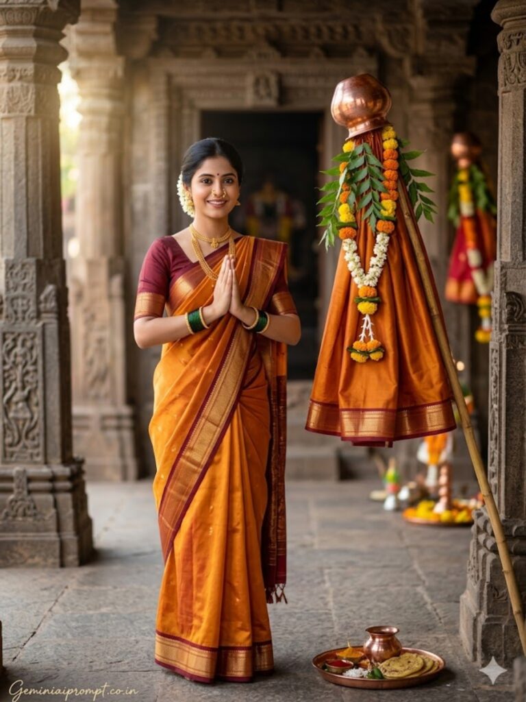 Saffron Namaste Temple Entrance Portrait