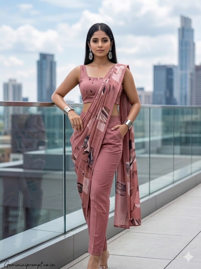 Prompt For Gemini AI Girl In Saree Modern Rooftop Chic 