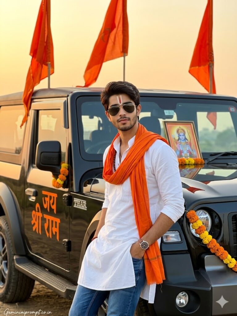 Prompt 4: Jai Shree Ram Car AI Photo Editing Prompts Mahindra Thar Sunglasses Swag