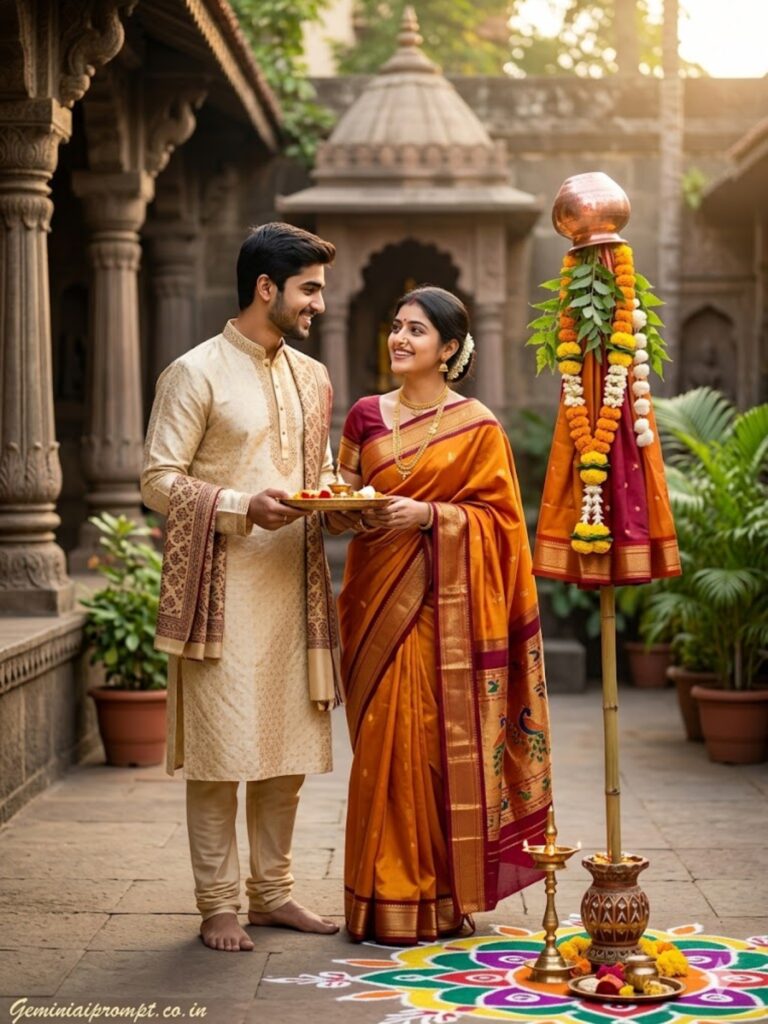 Prompt 4: Saffron & Maroon Temple Courtyard Couple Portrait